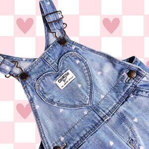 OshKosh B'Gosh Blue Denim Overalls Baby Girl 12M Pink Hearts Valentine